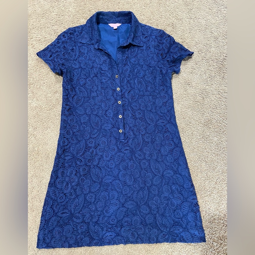 Lilly Pulitzer Nelle Dress High Tide Navy Pop Floral Lace Collared Lined Size 6